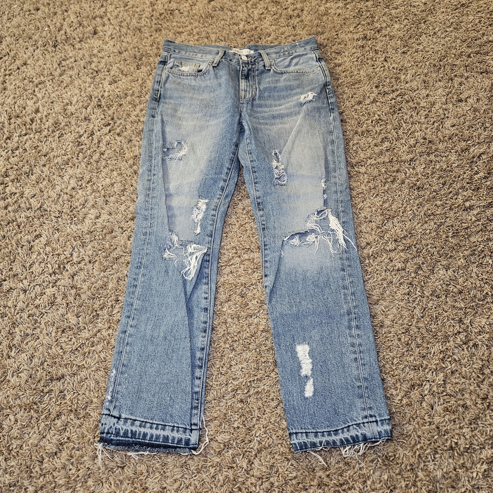 Zara Basic Z1975 Distressed Straight Leg Jeans Women's Size 2 Blue Denim Raw Hem